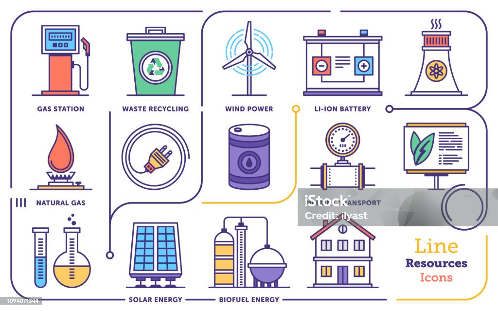 Renewable Energy Management Vector Flat Line Icon Set Line icon set vector illustrations of renewable energy management and comparing cheap electricity prices. Natural Gas stock vector