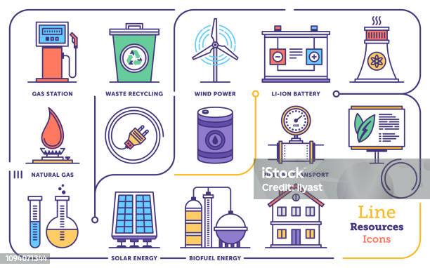 Renewable Energy Management Vector Flat Line Icon Set Stock Illustration - Download Image Now