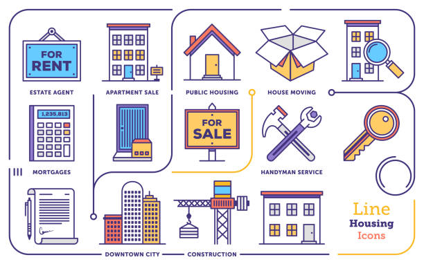 agent nieruchomości vector flat line icon set - office home improvement business moving house stock illustrations