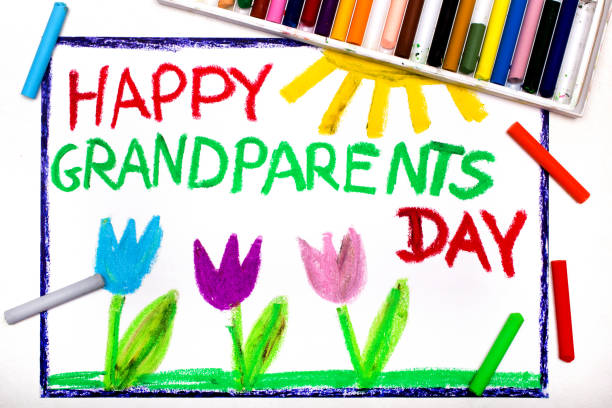 kolorowy rysunek: kartka dzień babci i dziadka z tulipanem - czarny_bez zdjęcia i obrazy z banku zdjęć
