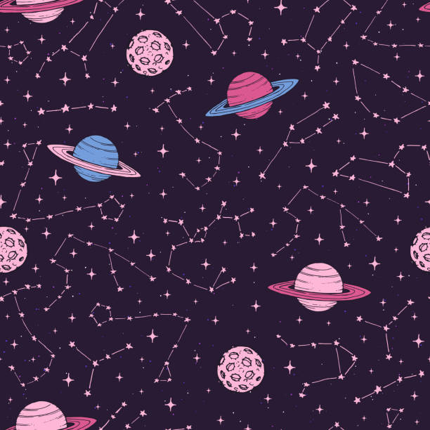 Hand drawn seamless pattern with zodiac constellations, planets and moons in pink pastel colors on the dark background. Cosmic backdrop. Hand drawn seamless pattern with zodiac constellations, planets and moons in pink pastel colors on the dark background. Cosmic backdrop. capricorn illustrations stock illustrations