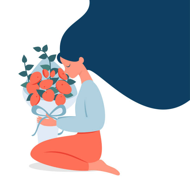 illustrations, cliparts, dessins animés et icônes de une femme avec les cheveux dénoués tient un bouquet dans ses mains et apprécie l’arôme des fleurs. - store flower bouquet florist