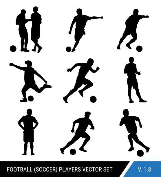 橄欖球球員的向量黑色剪影在白色背景。圖形簡化的樣式。足球運動員和足球裁判的不同剪影。足球向量集。 - soccer player 幅插畫檔、美工圖案、卡通及圖標