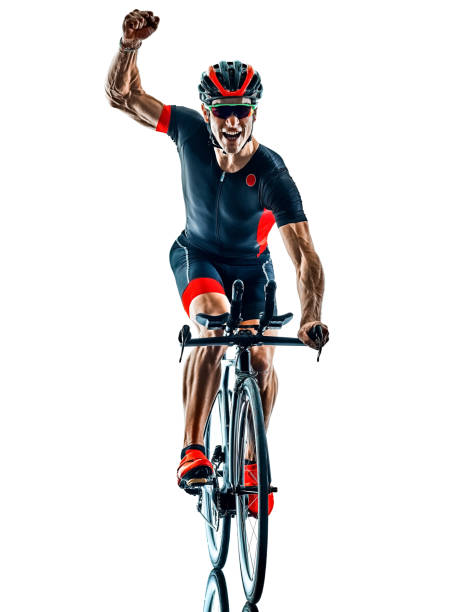 triatleta triathlon ciclista silhouette bianco isolato b - ciclista pro foto e immagini stock