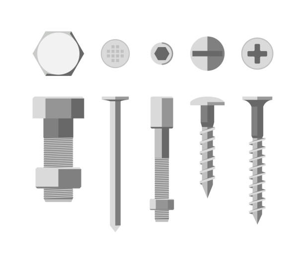 Screws and bolts Screws and bolts in flat style. Vector illustration of metallic fixing elements. nail cross stock illustrations