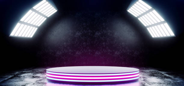 istock Sci Fi Modern Futuristic Neon Purple Blue Vibrant Colors With Empty Circle Stage Hall Glowing With Big White Lights Studio On Grunge Reflective Concrete Dark Room 3D Rendering 1094092012