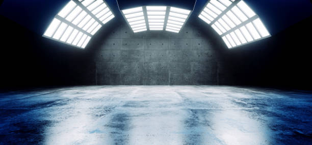istock Futuristic Sci Fi Modern Empty Big Hall Dark Grunge Reflective Concrete Curved Big White Blue Lights Studio Stage Empty Showroom Glowing Vibrant 3D Rendering 1094092028