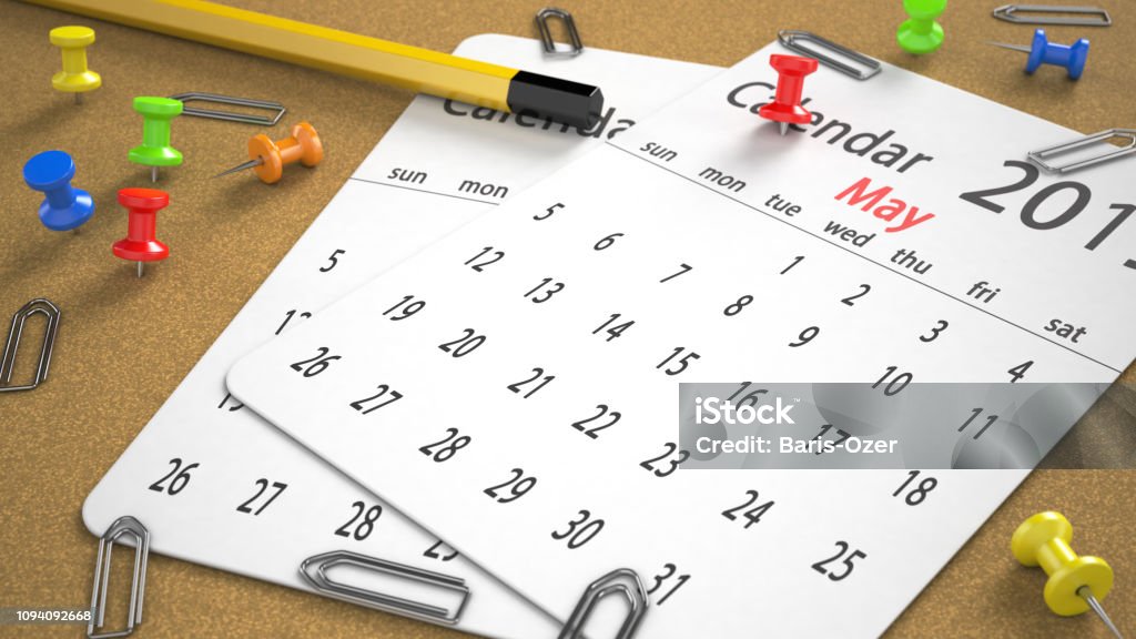 Calendar May 2019 concept Calendar May 2019 paper with pencil metal attachment and pin on board Focused image 2019 Stock Photo