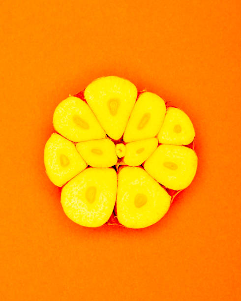 istock Half yellow Garlic Bulb pop Art style centred from above on bright orange plain background 1094097440