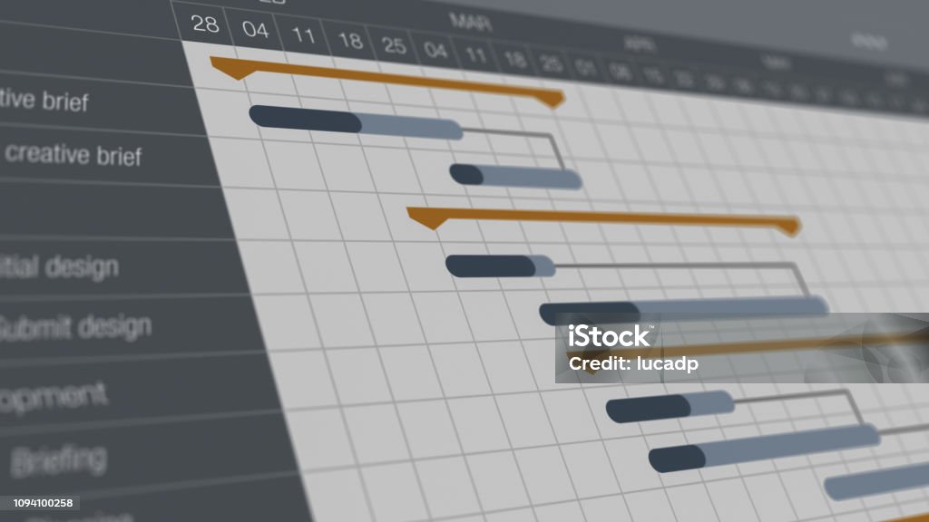 project management concept closeup view of a project management gantt chart (3d render) Project Management Stock Photo