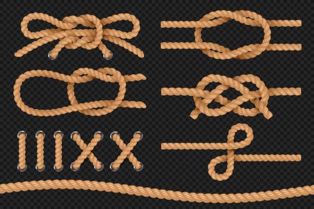 마린 로프입니다. 트위스트 질감, 항해 로프 테두리, 밧줄 bowknot 코드로 합니다. 벡터 세트 - rope circle lasso twisted stock illustrations