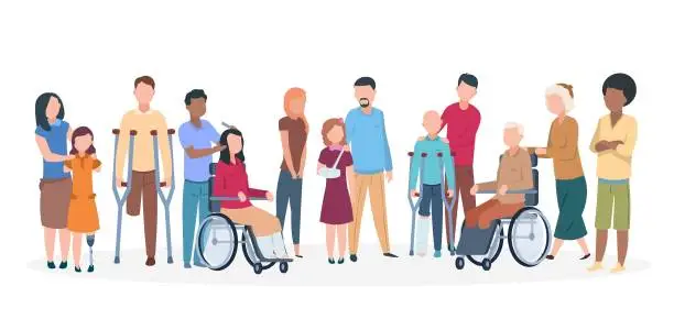 Vector illustration of Handicapped people. People with disabilities happy friendly family. Disable injury persons with assistants