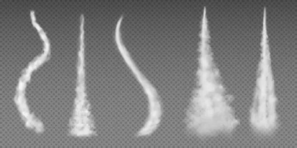 Vector illustration of Airplane condensation trails. Plane smoke rocket stream effect airplane jet cloud flight speed burst. Aircraft condensation line