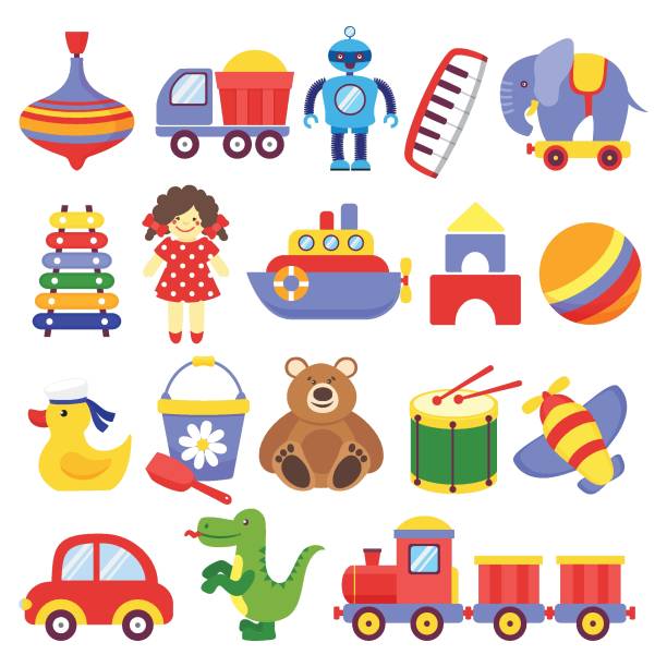 Kids toys. Game toy peg-top teddy bear drum yellow duckling dinosaur rocket childrens cubes robot. Baby toddler toy vector Kids toys. Game toy peg-top teddy bear drum yellow duckling dinosaur rocket childrens cubes robot. Baby toddler toy cartoon vector doll stock illustrations