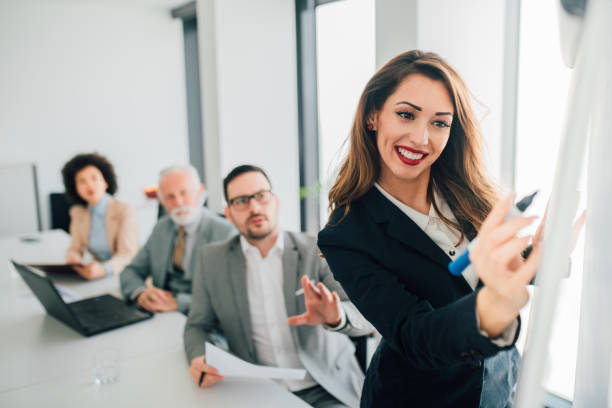 istock Business woman using whiteboard 1094105102