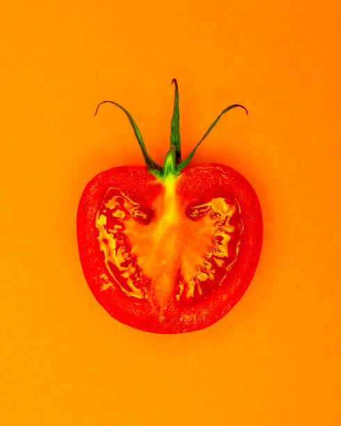 istock Single Half Salad Tomato with stalk pop Art style centred from above on bright orange plain background 1094105606