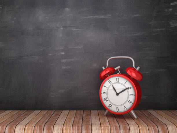 istock Clock on Wood Floor - Chalkboard Background - 3D Rendering 1094109150