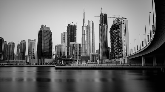 DUBAI, UNITED ARAB EMIRATES, MAY 13, 2018 - A view about Dubai downtown and the Burj Khalifa from Business Bay