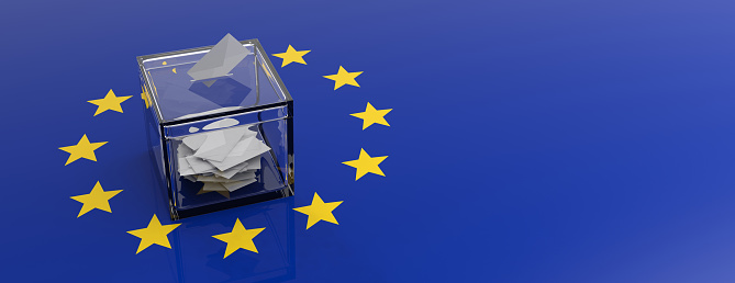 European Union parliament election concept. Voting box on EU flag background. 3d illustration
