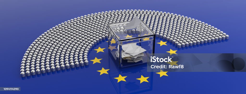 欧州連合の議会座席と EU の投票ボックスは、バック グラウンドをフラグです。3 d イラストレーション - 選挙のロイヤリティフリーストックフォト