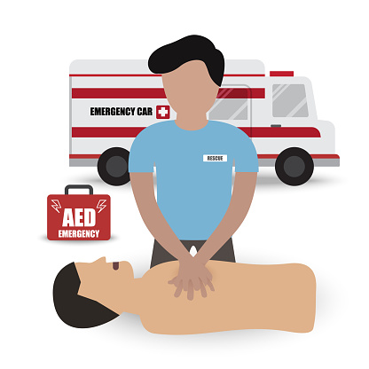 Rescue Paramedic First Aids Emergency Training with CPR Dummy Automated External Defibrillator (AED) and Ambulance Car Infographic Vector