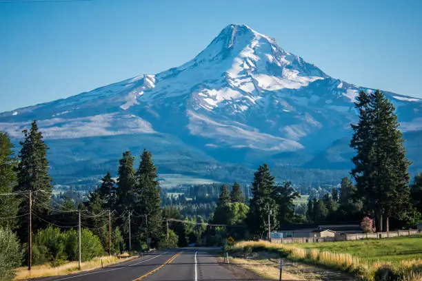 The road through Mt. Hood's Fruit Loop with Mt. Hood mountain looming in the background in Oregon