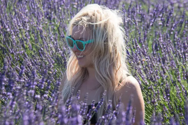 Portrait of Blonde adult woman stands in a lavender field, smiling, in the golden hour before sunset in a lavender field