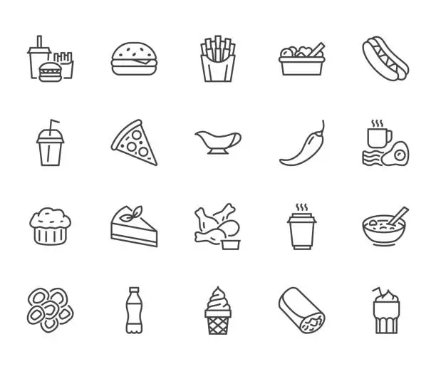 Vector illustration of Fast food flat line icons set. Burger, combo lunch, french fries, hot dog, sauce, salad, soup, pizza vector illustrations. Thin signs for restaurant menu. Pixel perfect 64x64. Editable Strokes