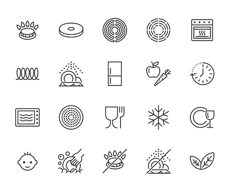 Utensil flat line icons set. Gas burner, induction stove, ceramic hob, non-stick coating, microwave, dishwasher vector illustrations. Thin signs for pan, dishes. Pixel perfect 64x64. Editable Strokes.
