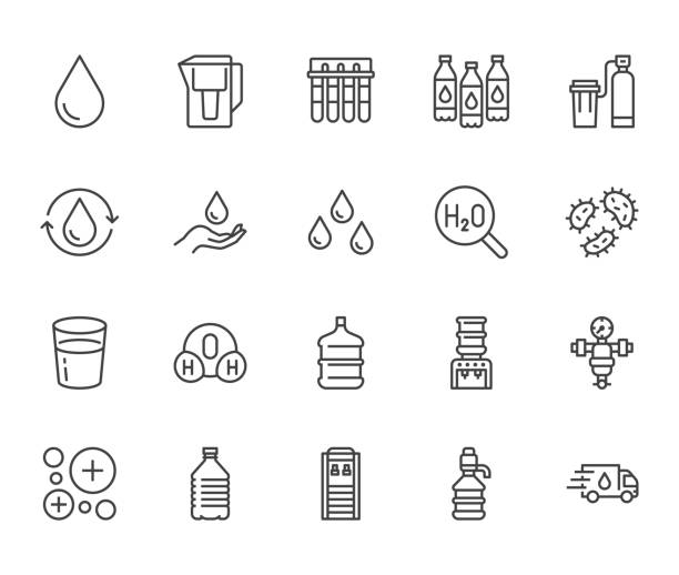 ilustrações de stock, clip art, desenhos animados e ícones de water drop flat line icons set. aqua filter, softener, ionization, disinfection, glass vector illustrations. thin signs for bottle delivery. pixel perfect 64x64. editable strokes - ionization