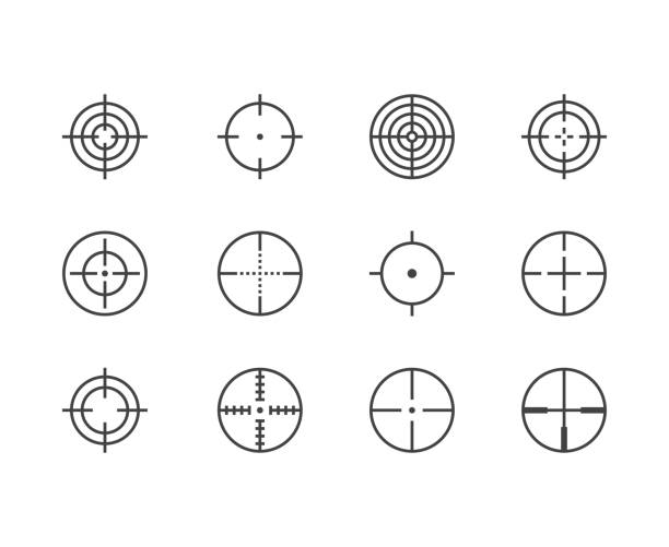 Scope flat line icons set. Target, weapon aim, sniper crosshair vector illustrations. Thin signs for focus, attention concept. Pixel perfect 64x64. Editable Strokes Scope flat line icons set. Target, weapon aim, sniper crosshair vector illustrations. Thin signs for focus, attention concept. Pixel perfect 64x64. Editable Strokes. crosshair stock illustrations