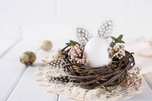 istock Nest with white chicken egg. Easter concept. Happy Easter  or spring greeting card 1094132172
