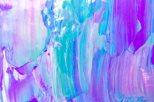 Blue, green, teal, pink and purple abstract background art on artists canvas, painted with palette knife