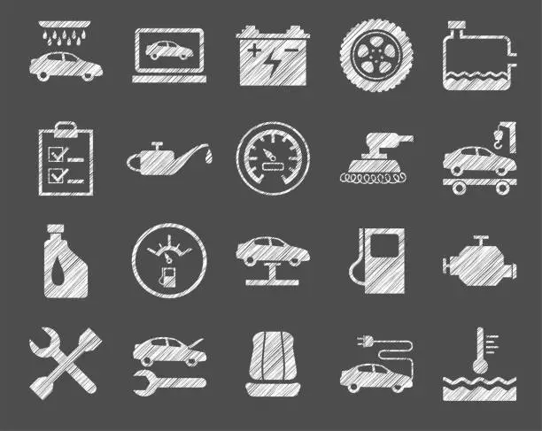 Vector illustration of Repair and maintenance of the car, white icons, shading pencil, vector.