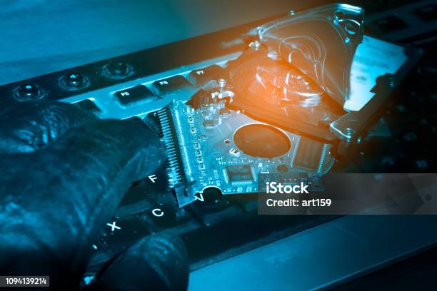 Cybercriminals Hand On A Keyboard Hacked Computer Hard Drive Cybercrime Concept Stock Photo - Download Image Now