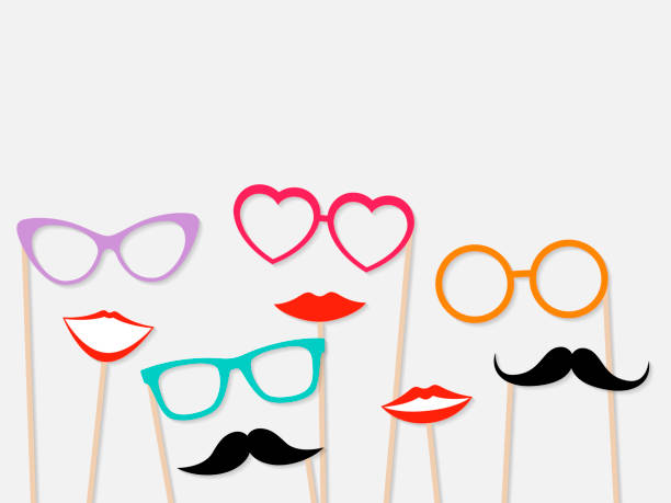 Photo booth props female lips, moustache and glasses Photo booth props female lips, moustache and glasses isolated on grey background. Vector booth photos stock illustrations