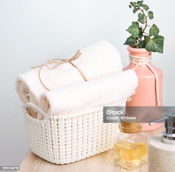Body Care Itemsbathroom Towelssoap And Oil Stock Photo - Download Image Now  - Softness, Towel, Bathroom - iStock