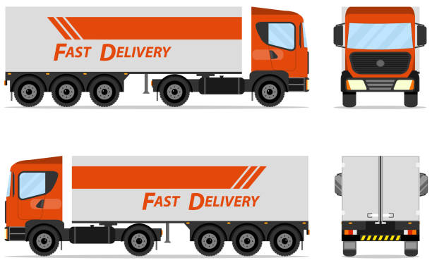 illustrations, cliparts, dessins animés et icônes de remorque cargo moderne. camion réaliste. vue de côté vue de face arrière découvre. modèle vectoriel camion remorque isolé sur fond blanc. véhicule de livraison de fret. - isometric truck traffic semi truck