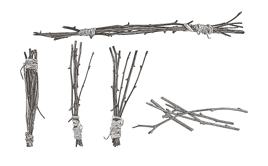Bundles of twigs wrapped with raffia