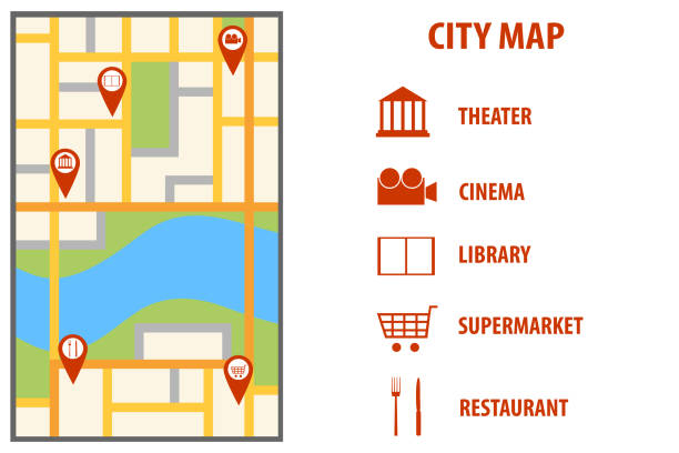 ilustrações de stock, clip art, desenhos animados e ícones de navigation european city map with pins. vector city map with color pin pointers. city map with red markers. vector illustration. - map global positioning system cartography city map