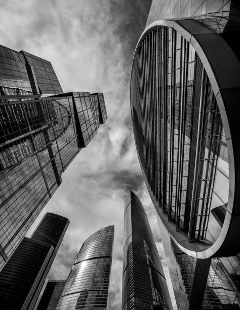 Moscow- August 27, 2016: International Business Center Moscow-City. Dramatic view on several skyscrapers into city. Black and white picture
