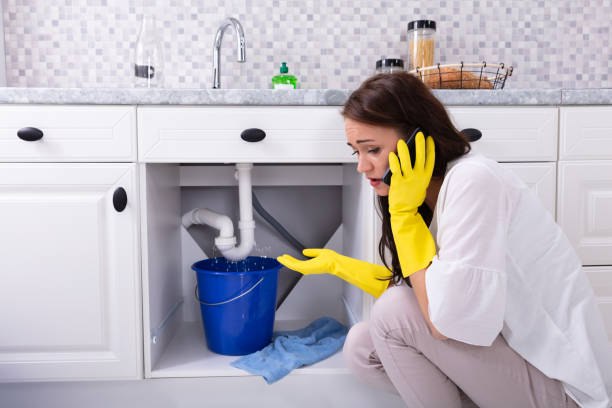 istock Woman Calling Plumber In Front Of Water Leaking From Pipe 1094170732