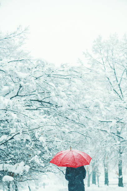 istock Woman under red umbrella in snow 1094171296