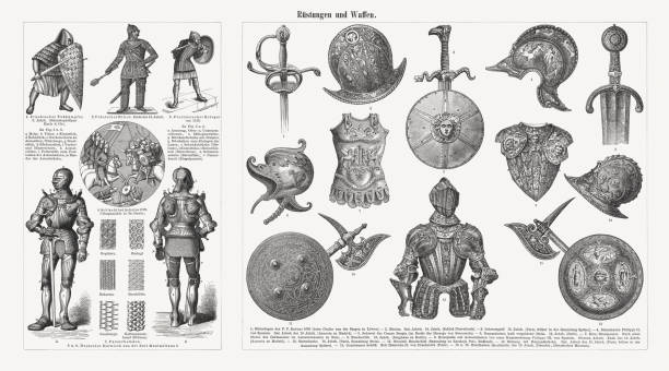 Historical armor and weapons, antiquity-16th century, wood engravings, published 1897 Historical armor and weapons from antiquity to the 16th century. Left side: 1) Franconian soldier, 8th century (Chess pawn of Charlemagne); 2) Polish knight, end of the 15th century; 3) French warrior, about 1120; 4) Battle of Ascalon (stained glass in the Basilica of Saint-Denis); 5-6) German armour from the time of Maximilian I; 7) Textile structures of chainmail. Right side: 1) Rapier of Peter Paul Rubens (1630); 2) Morion (helmet), Italian work, 16th century; 3) Sword hilt, 16th century; 4) Storm hood of Philipp II of Spain, Italian work, 16th century; 5) Sword of Cesare Borgia; 6) Damasked, half gilded helmet, Paris, 16th century; 7) Roman breastplate (aftrer a sculpture of Germanicus); 8) Round shield, 16th century; 9) Breastplate with epaulettes of a boy's armor Philip III of Spain, Florentiener work, end of the 16th century; 10) Storm hood, 16th century; 11) Oriental round shield; 12) Armor with burgundy helmet, Italian work, 16th century; 13) Embossed shield, at the time of Henry II of France; 14-15) Battle axes, 16th century. Wood engravings, published in 1897. chain mail stock illustrations