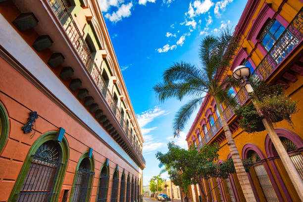 Mexico, Mazatlan, Colorful old city streets in historic city center stock photo