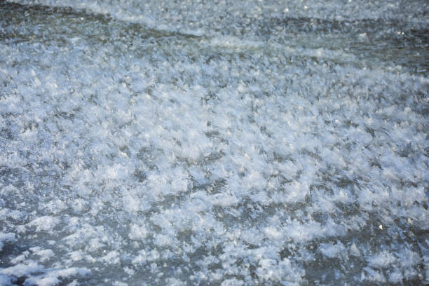 Natural background, abstract crystal ice pattern on frozen lake, no people, telephoto lens close-up