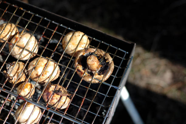 Mushrooms champignons are cooked on the grill in nature.