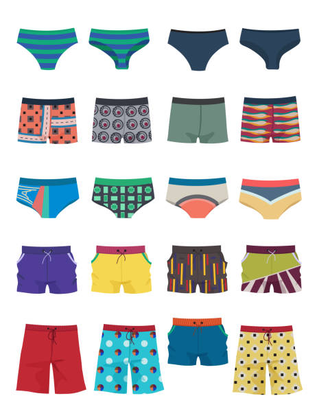 A set of men's swimming trunks and shorts A set of men's swimming trunks, underpants and shorts, different models, beautiful clothing for beach and everyday life, isolated on white background. bathing suit stock illustrations