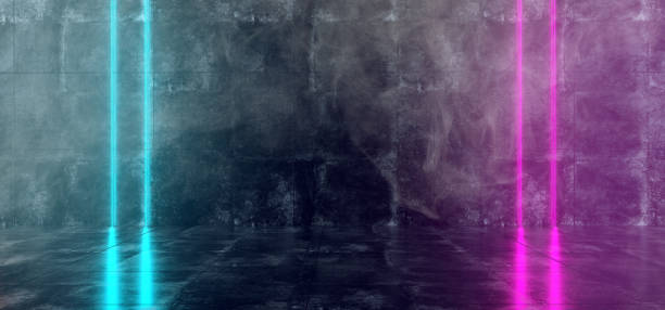 istock Alien Sci Fi Modern Futuristic Dark Empty Reflective Concrete Grunge Room With Neon Laser Led Glowing Pink Purple Blue Vertical Lines And Smoke Fog Atmosphere 3D Rendering 1094204514