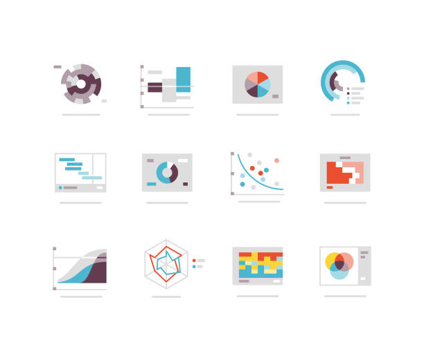Flat charts and graph icon series Flat icons including radar chart, pie chart, scatter chart, venn diagram etc. data illustrations stock illustrations